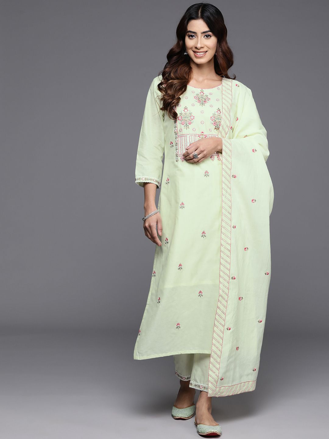 Indyancart VA Women'sFloral Embroidered Pure Cotton Straight Kurta With Trousers & Dupatta