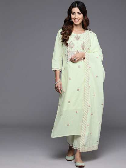 Indyancart VA Women'sFloral Embroidered Pure Cotton Straight Kurta With Trousers & Dupatta