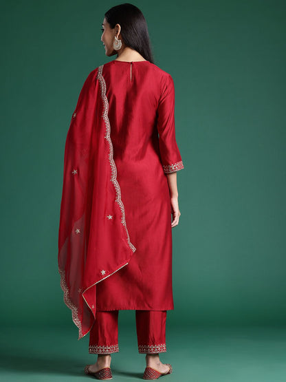 Women Ethnic Motifs Embroidered Regular Sequinned Liva Kurta with Trousers & With Dupatta