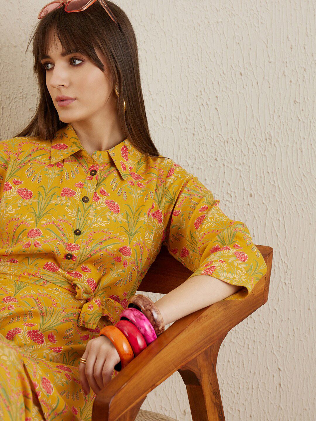 Indyancart IE Floral Printed Shirt Collar Tunic With Trousers