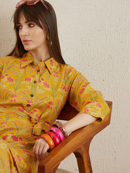 Indyancart IE Floral Printed Shirt Collar Tunic With Trousers