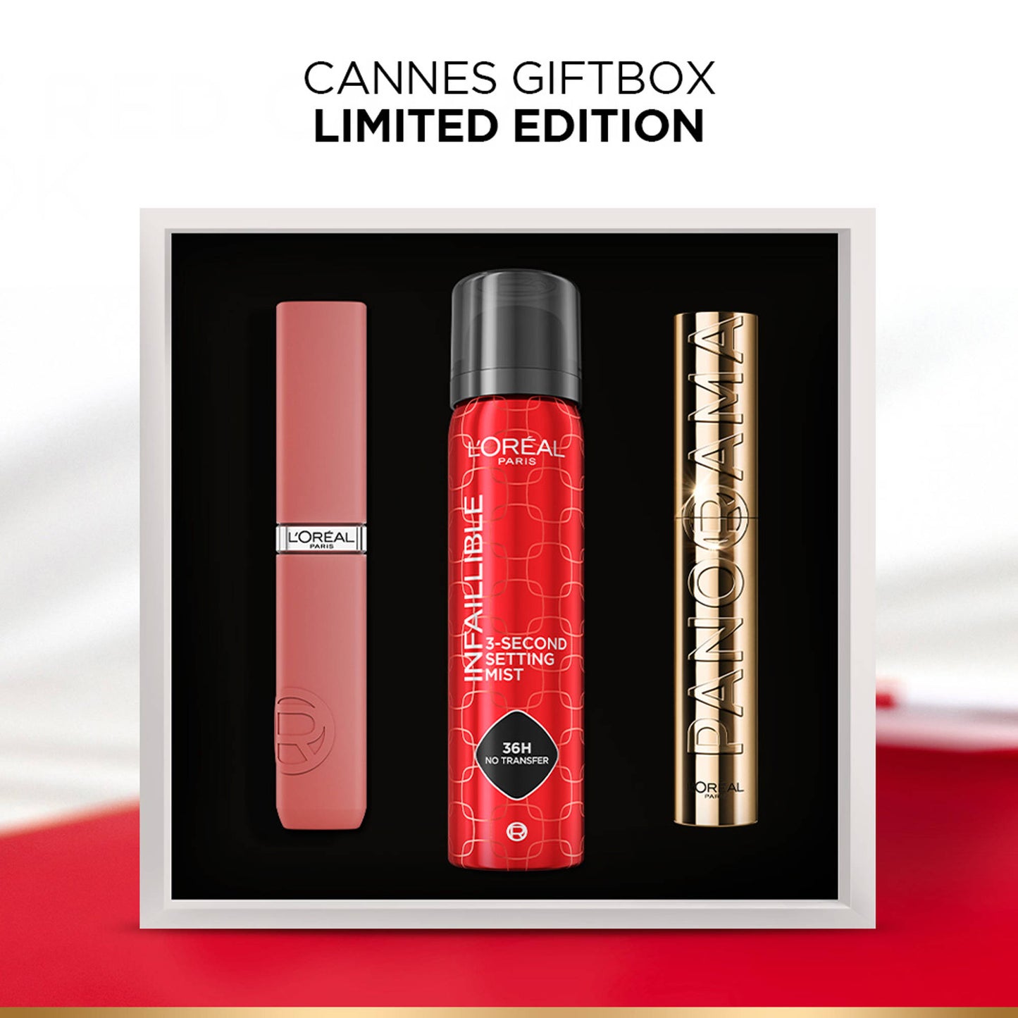 L'Oreal Paris Love From Cannes Makeup Bestsellers Gift Box - Liquid Lipstick, Mascara, Setting Spray