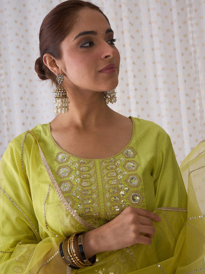 Indyancart IE Geometric Embroidered Round Neck Liva Straight Kurta with Trousers & Dupatta
