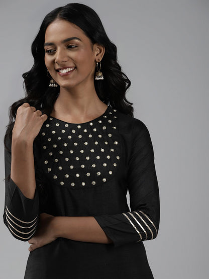 Dhiyona IE Women Black Yoke Design Regular Mirror Work Kurta with Palazzos
