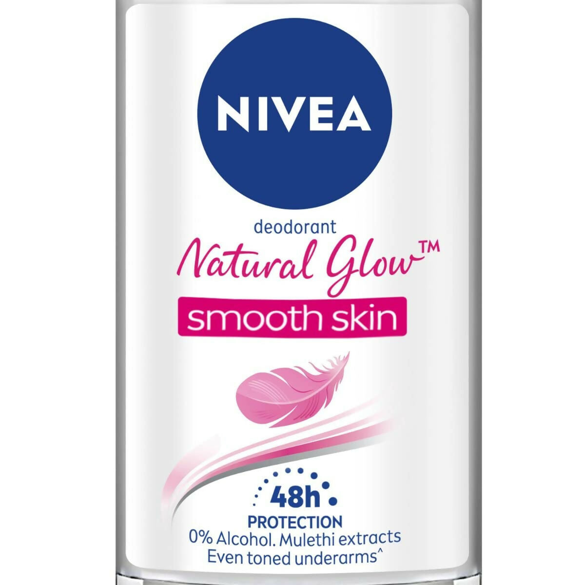 Nivea Natural Glow Smooth Skin deodorant roll-on for women, underarm cream with a sleek white and blue bottle, visible on a white background.