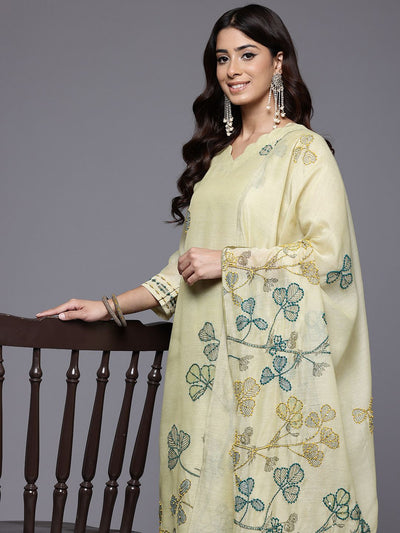 Indyancart VA Women's Floral Embroidered Thread Work Chanderi Cotton Kurta with Trousers & Dupatta