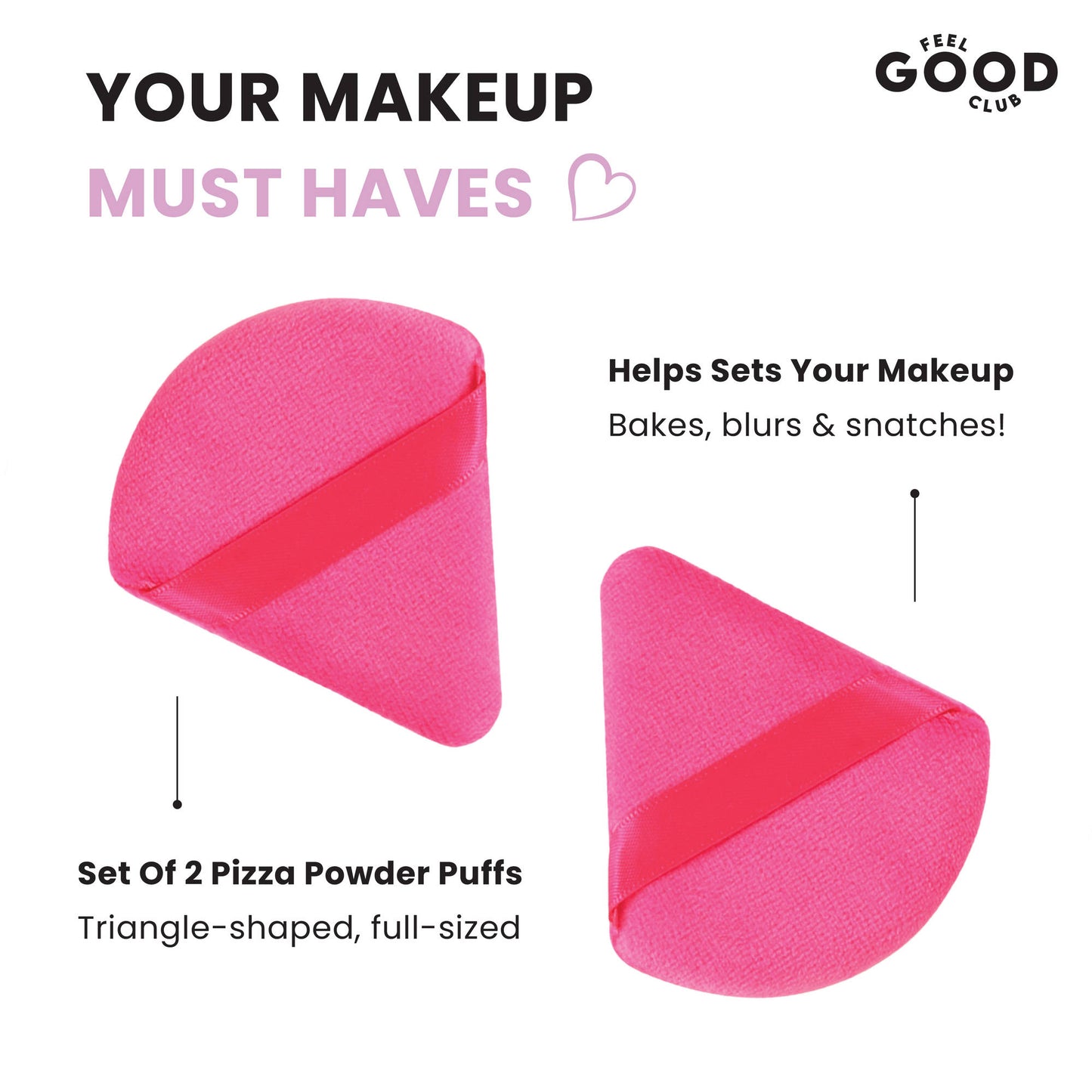 Feel Good Club Set Of 2 Pink Pizza Powder Triangle Puffs - Soft Face Makeup Beauty Blender Sponges