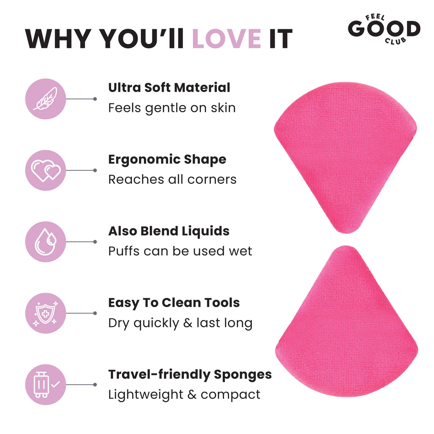 Feel Good Club Set Of 2 Pink Pizza Powder Triangle Puffs - Soft Face Makeup Beauty Blender Sponges