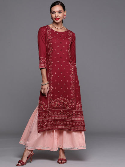 Indyancart IE Women Maroon Ethnic Motifs Foil Print Round Neck Regular Sleeves Straight Kurta