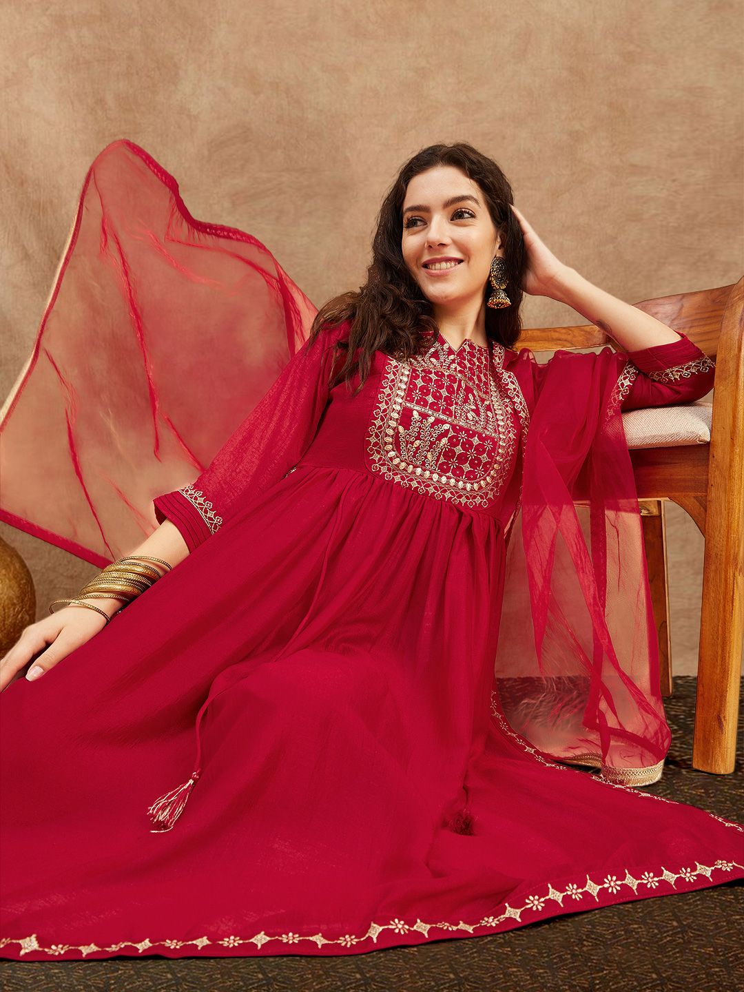 Indyancart SN Women's Yoke Design Embroidered Kurta Sets With Dupatta