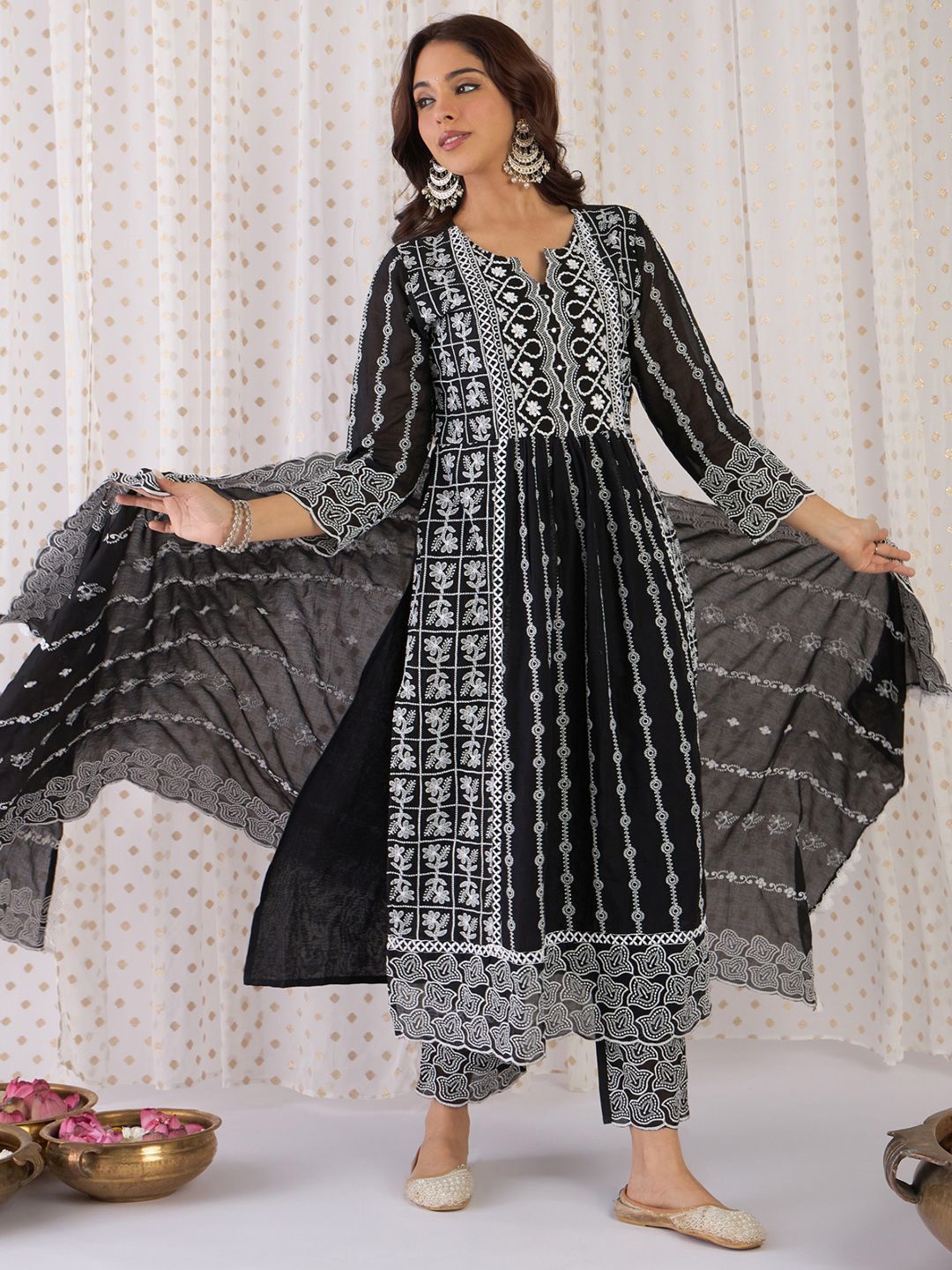 Floral Embroidered Notch Neck Pure Cotton A-Line Kurta With Trousers & Dupatta