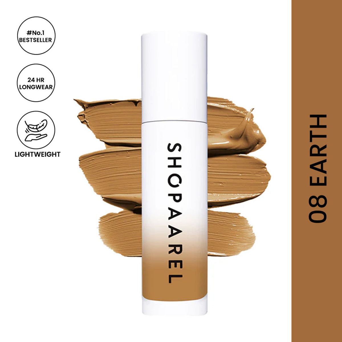 Shopaarel Miracle Skin Foundation in Earth 08, a close-up of the foundation bottle with a beige cap and label showing product details.