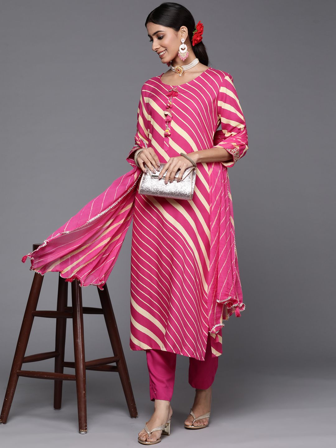 Indyancart VA Women's Leheriya Printed Kurta with Trousers & With Dupatta