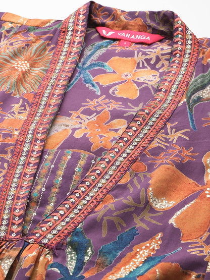 Dhiyona VA Women'sEthnic Floral Printed Sequinned Kurta With Trousers & Dupatta