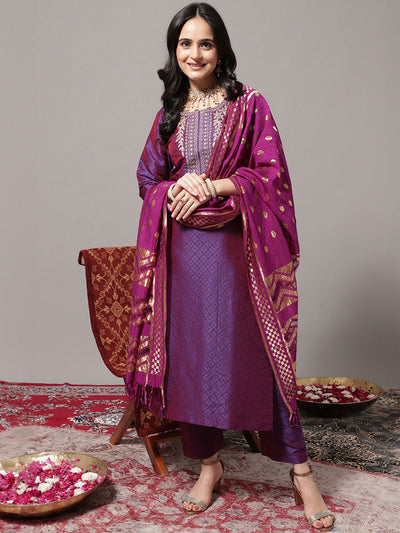 Indyancart VA Women's Zari Embroidered Yoke Geometric Jacquard Kurta with Trouser & Dupatta
