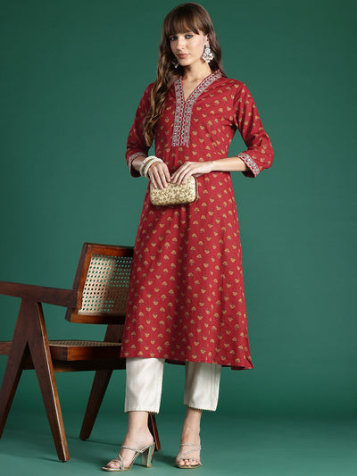 Indyancart IE Ethnic Motifs Embroidered Mirror Work Pure Cotton Kurta