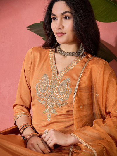 Indyancart SN Women's Zari Sequence Embroidered Kurta Trouser With Dupatta
