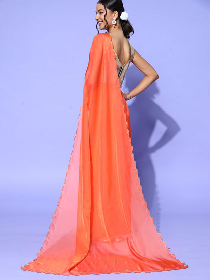 Women's Organza Orange Solid Designer Saree With Blouse Piece