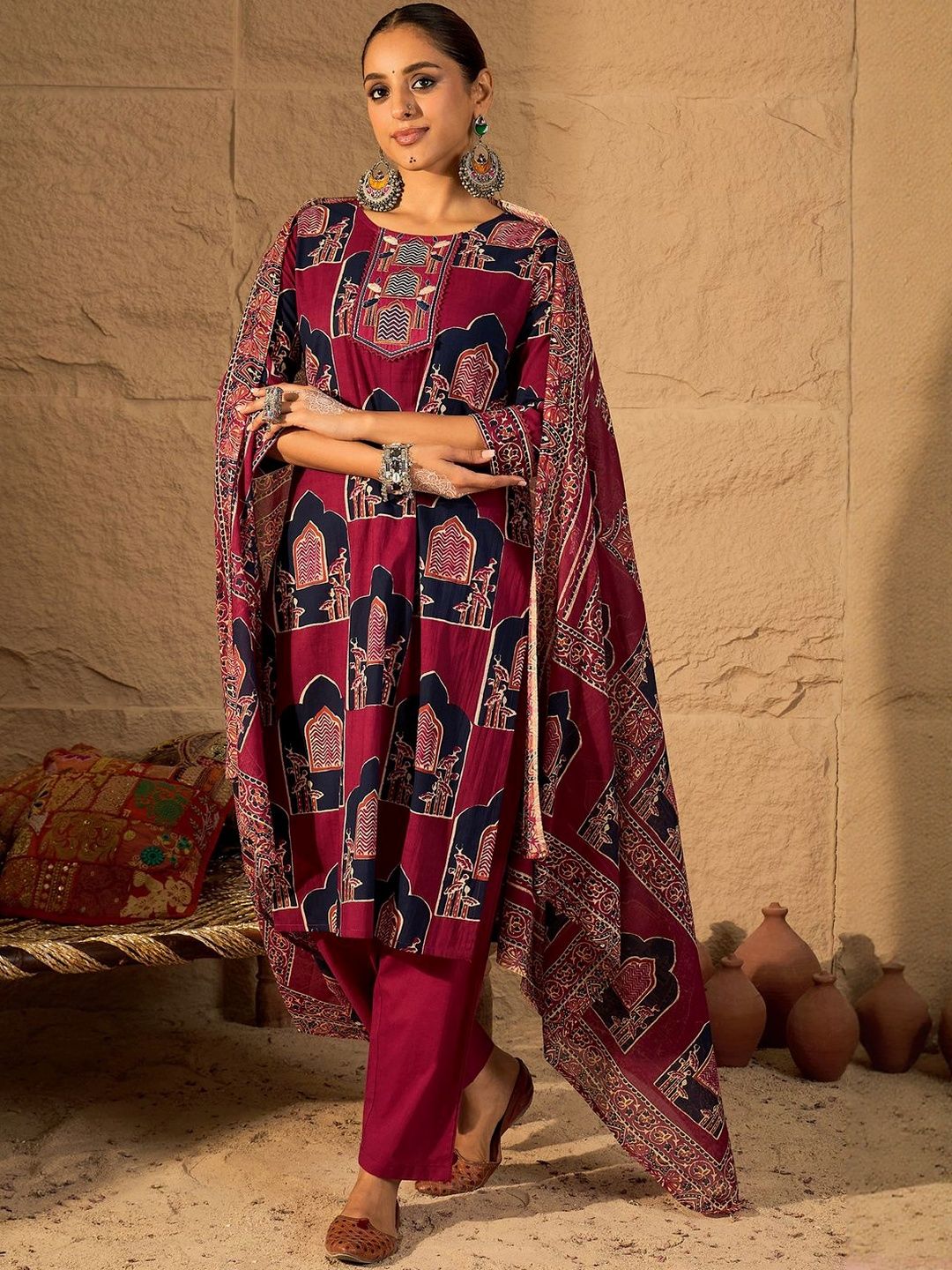 Women Ethnic Motifs Printed Pure Cotton Kurta Trousers & With Dupatta Kurta Sets