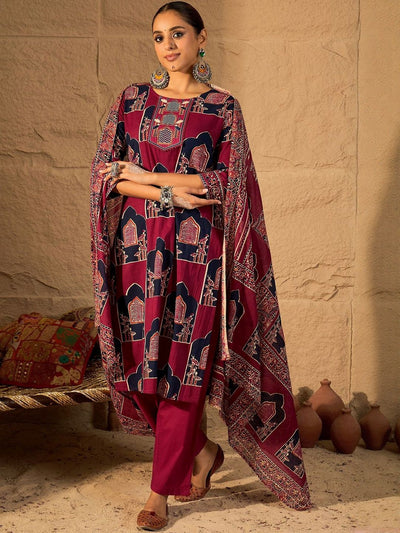 Indyancart IE Women Ethnic Motifs Printed Pure Cotton Kurta Trousers & With Dupatta Kurta Sets