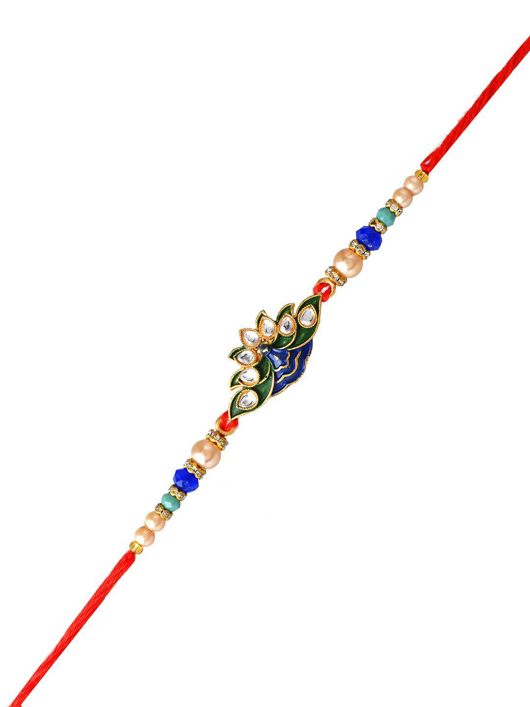 Anouk Blue Peacock Enamled Beaded Rakhi With Roli Chawal & Greeting Card