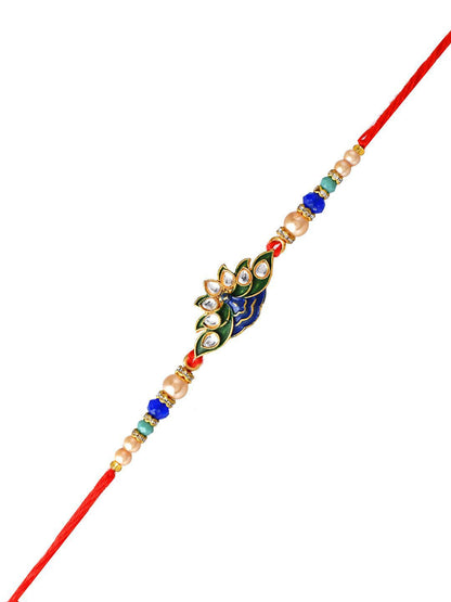 Anouk Blue Peacock Enamled Beaded Rakhi With Roli Chawal & Greeting Card