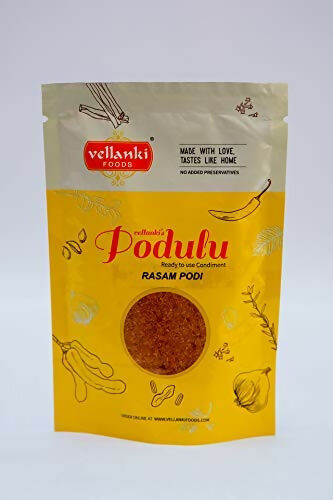 Vellanki Foods combo of masala powders including Rasam Podi, Sambar Podi, and Kura Karam in 250g packs, arranged on a wooden surface.