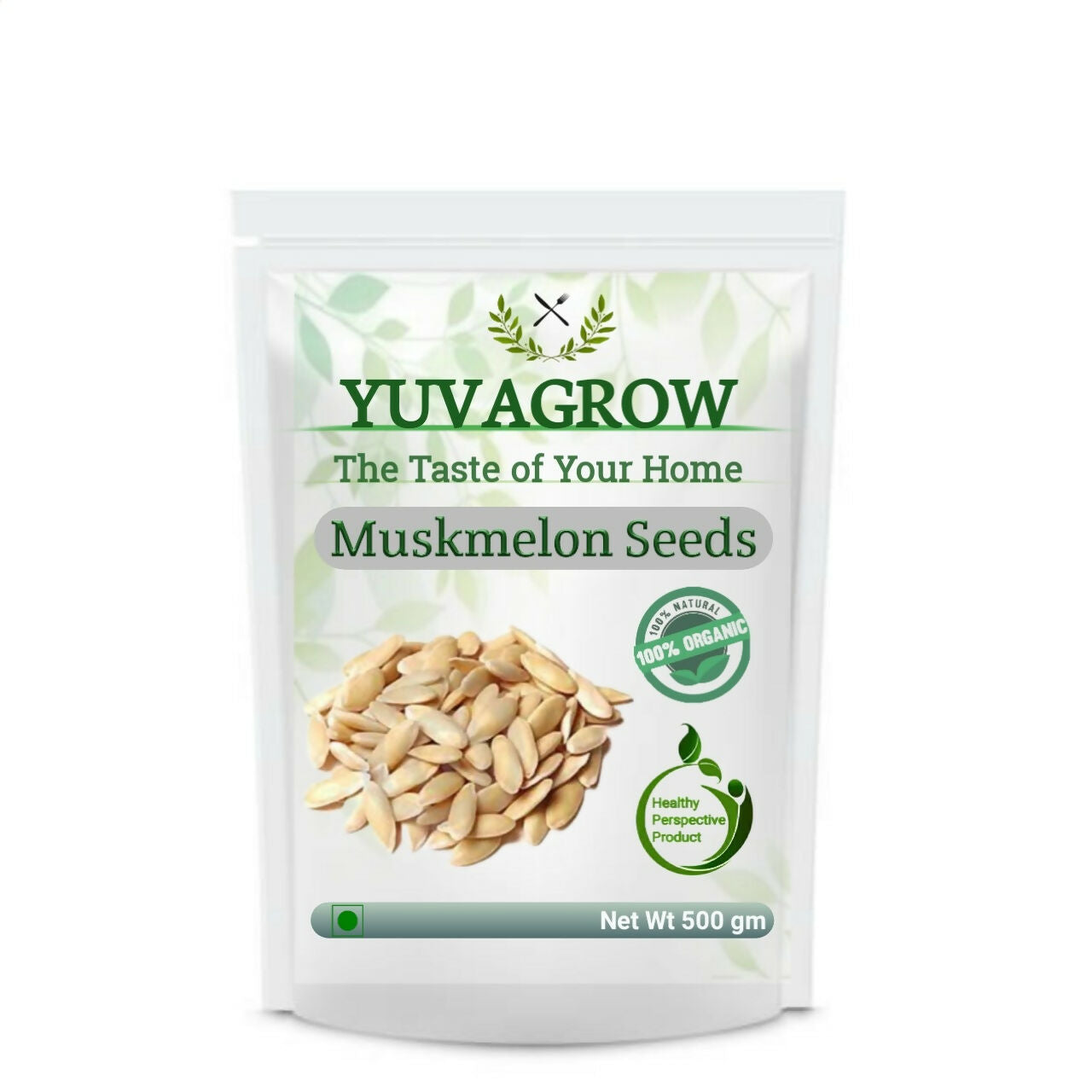 Yuvagrow Muskmelon seeds, edible seeds in a small packet, ready for planting or consumption, with seeds visible in the image.