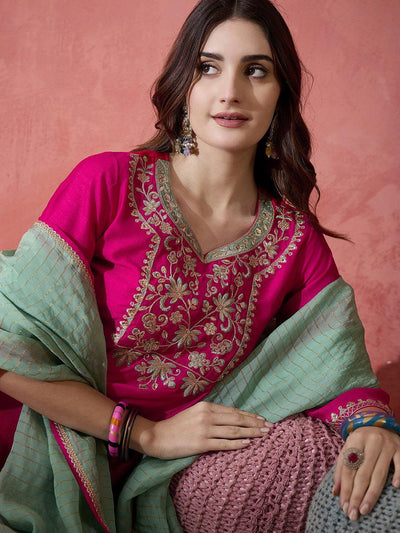 Indyancart SN Women's Zari Sequence Embroidered Straight Kurta Trousers With Dupatta
