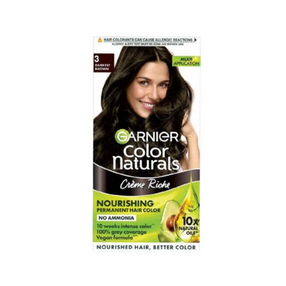 Garnier Color Naturals Creme Riche Hair Color in Shade 3 Darkest Brown, showing creamy hair dye product with dark brown color