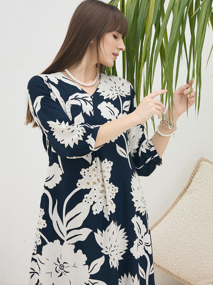 Indyancart IE Floral Printed V-Neck Tunic & Trousers
