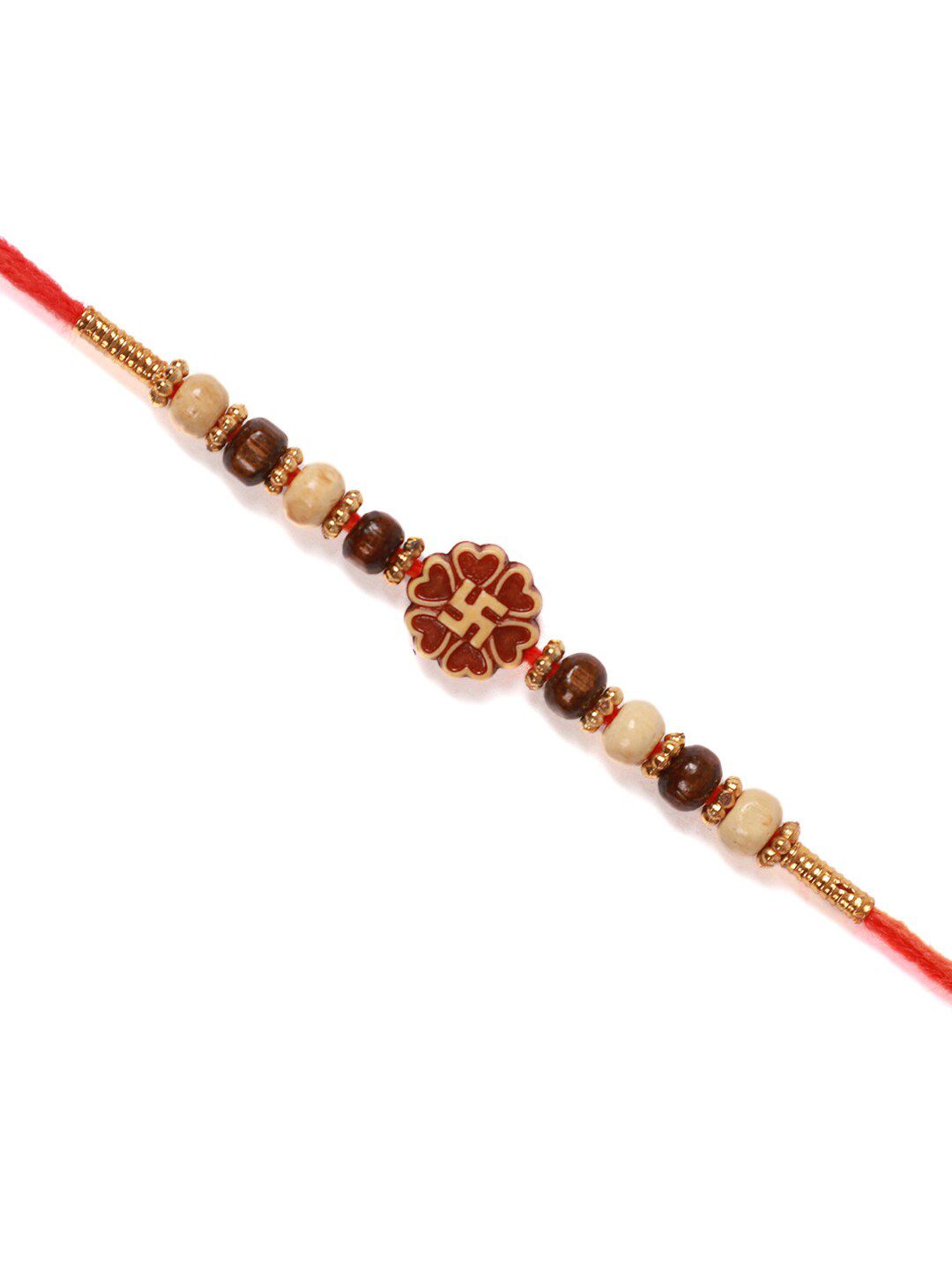 Anouk Unisex Red Swastik Charm & Beaded Rakhi With Roli Chawal & Greetings Card