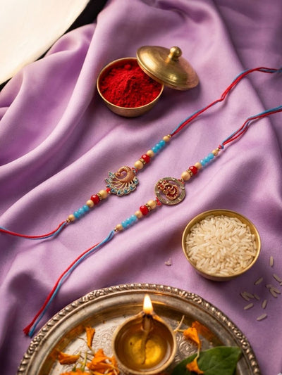 Dhiyona Set Of 2 Multicolor Artificial Beads Thread Rakhi With Roli Chawal Chandan Mishri