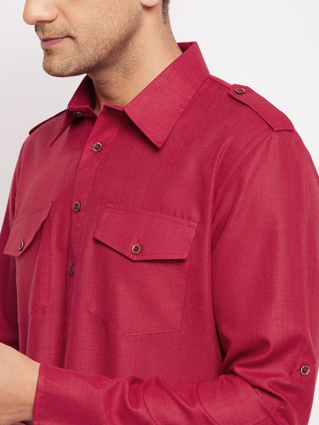 Men's Maroon Cotton Blend Pathani Pathani Kurta Set