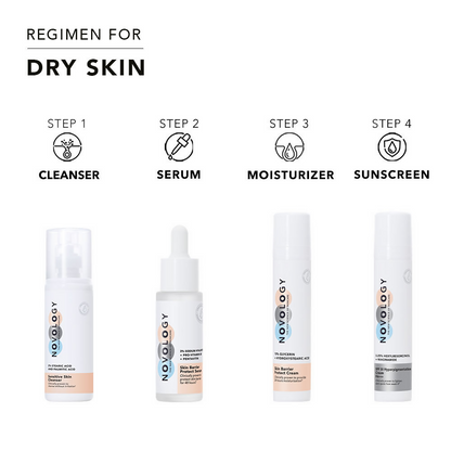 Novology Skin Barrier Moisturizer for dry skin in a white jar with a teal lid, showing the product label and creamy texture inside.