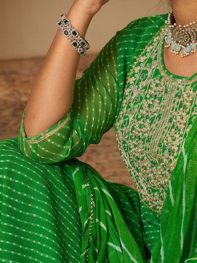 Indyancart IE Leheriya Printed Straight Sequinned Georgette Kurta with Trousers & Dupatta