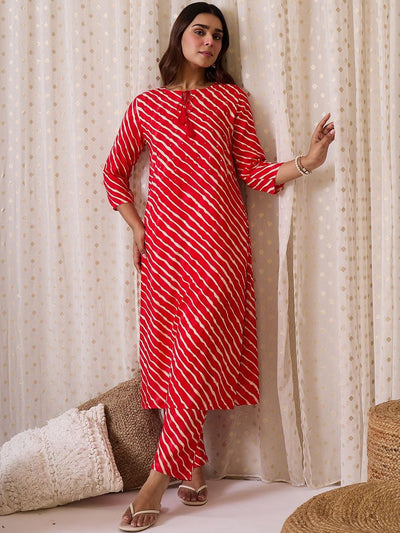 Indyancart IE Women Leheriya Printed Regular Sequinned Kurta with Trousers