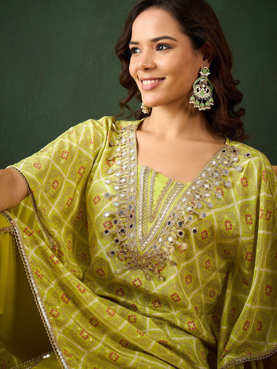 Indyancart SN Women's Green Bandhani Printed Gotta Patti Asymmetric Kaftan With Dhoti Pant