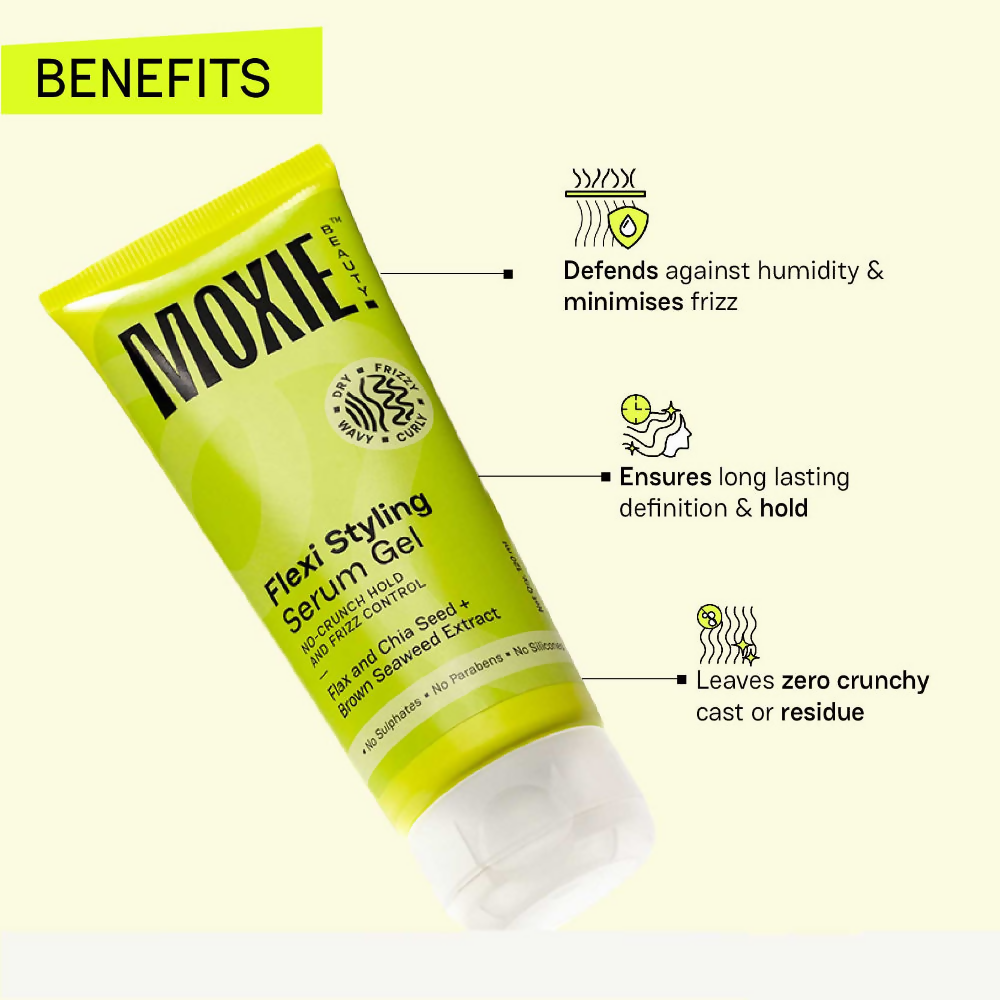 Moxie Beauty Flexi Styling Serum Gel in a clear tube with a white cap, designed for flexible hair styling and frizz control.
