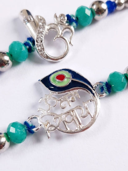 Anouk Set Of 2 Silver Toned Beaded Religious Thread Rakhi With Roli Chawal Chandan Mishri