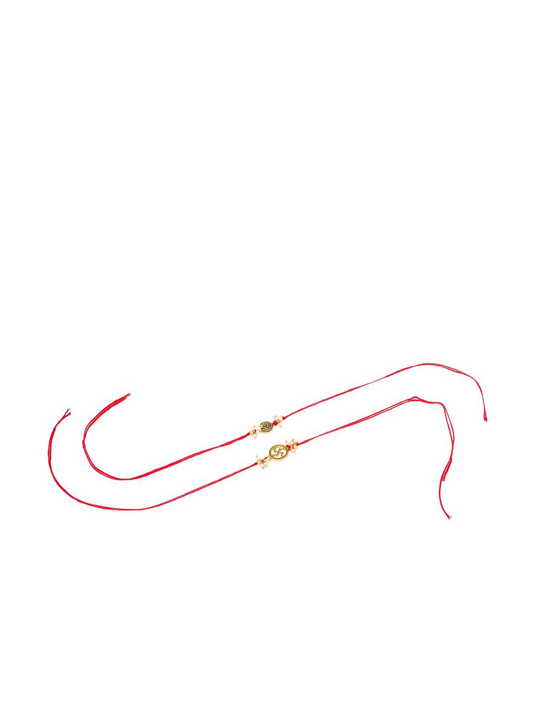 Anouk Men Set Of 2 Gold Toned Pearls Swastik Desgin Thread Rakhi With Roli Chawal