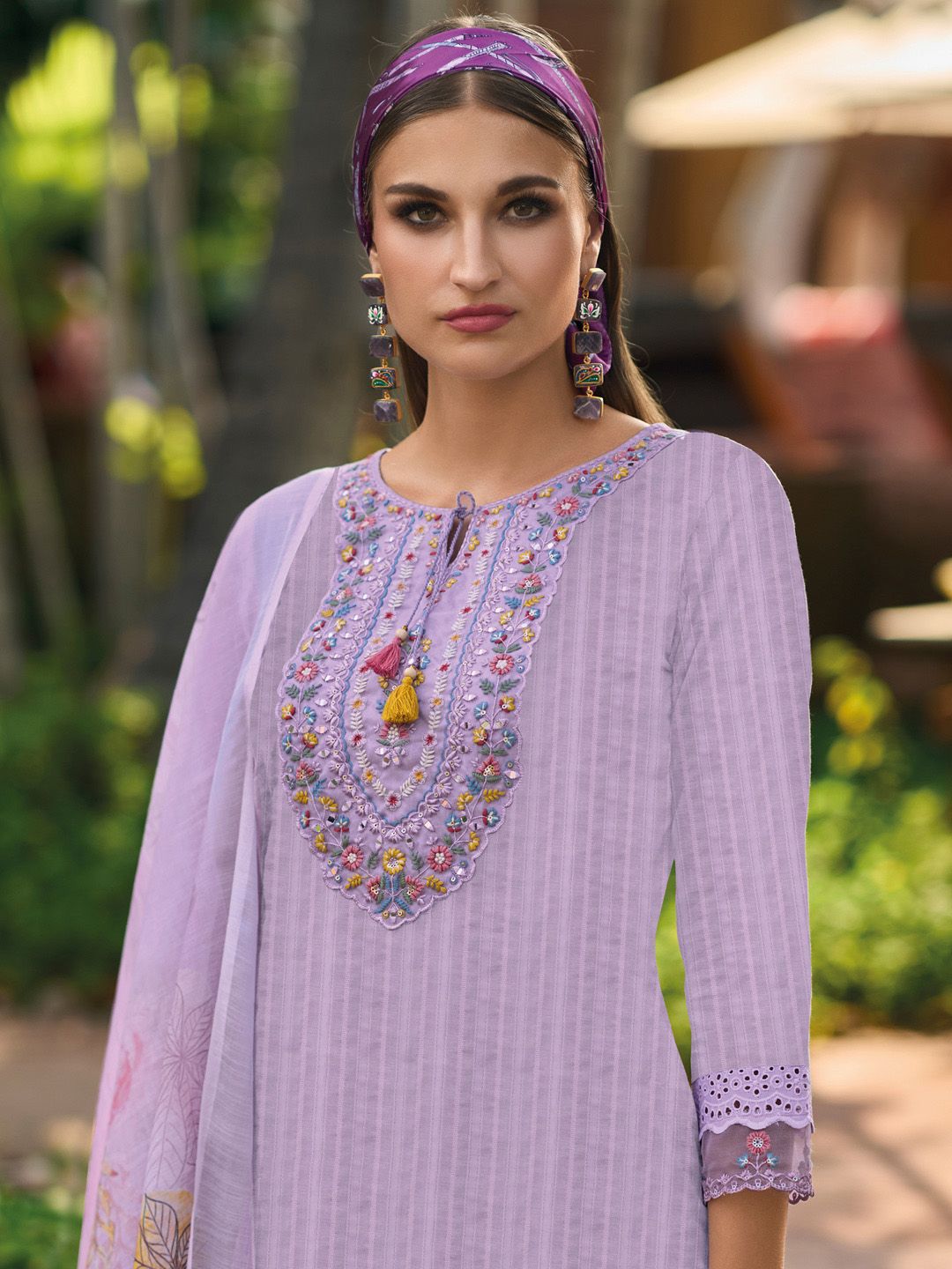 Indyancart IE Lavender Floral Embroidered Tie Up Neck Pure Cotton Kurta with Trousers & Dupatta