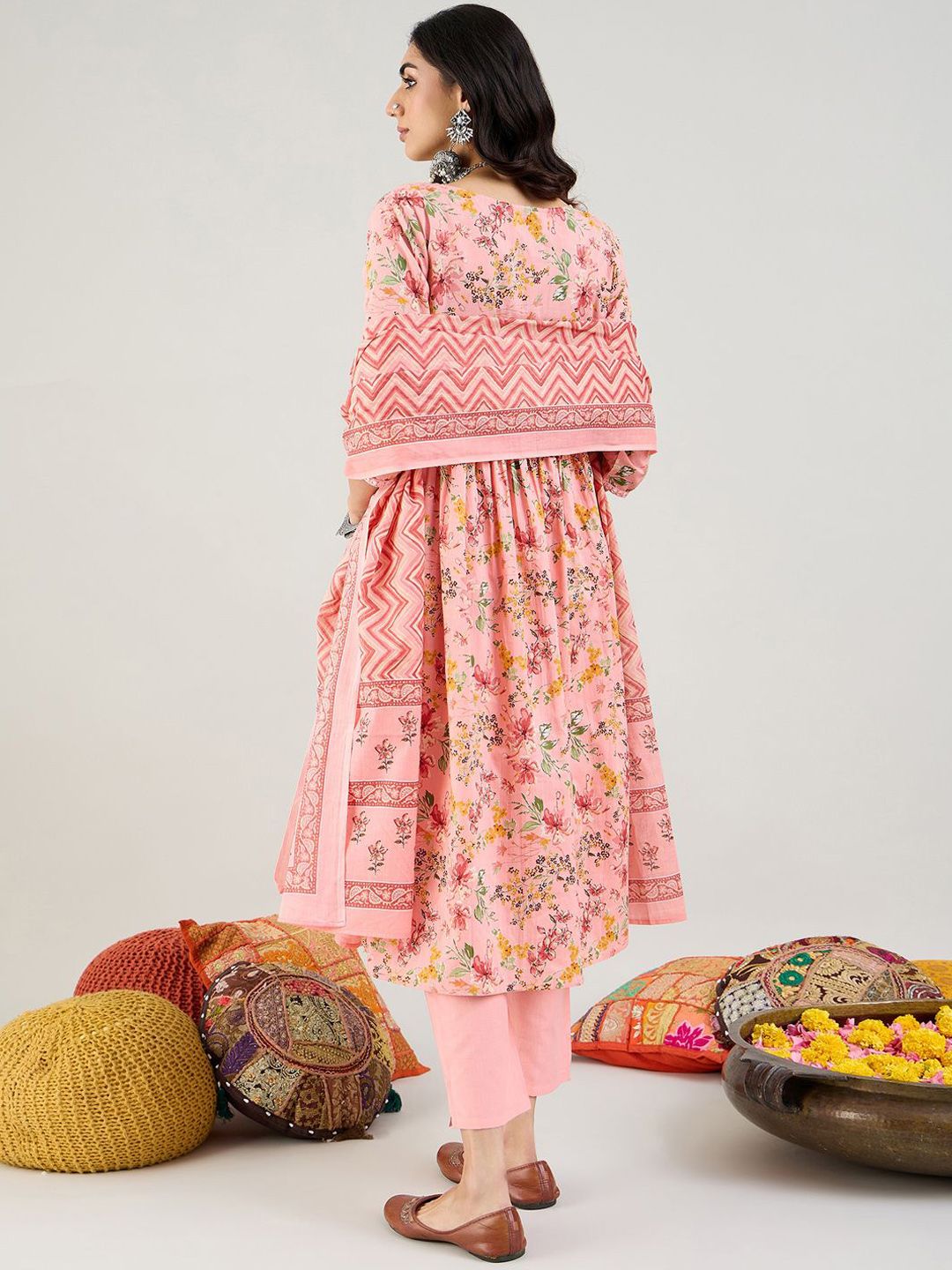 Indyancart IE Pink Floral Printed Mirror Work Pure Cotton Empire Kurta with Trouser & Dupatta