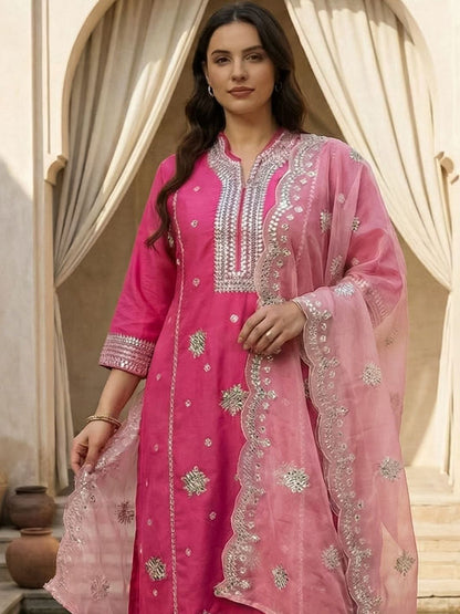 Indyancart Women's Ethnic Motifs Embroidered Regular Thread Work Kurta Set