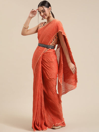 Women's Polycotton Rust Solid Belted Sarees With Blouse Piece