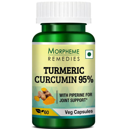 Morpheme Remedies Turmeric Curcumin 95% Veg Capsules, dietary supplement capsules in a clear bottle with label.