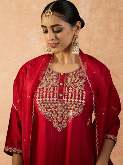 Indyancart IE Women Ethnic Motifs Embroidered Regular Sequinned Liva Kurta with Trousers & With Dupatta