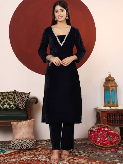 Indyancart VA Women's V Neck Zari Embroidered Velvet Kurta with Trouser
