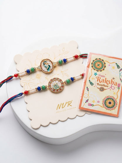 Anouk Set Of 2 Multicolor Peacock Design Rakhi With Roli Chawal Chandan Mishri