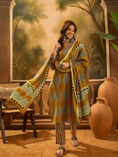 Indyancart SN Women's Ethnic Motif Printed V-Neck Pure Cotton Straight Kurta With Trouser & Dupatta